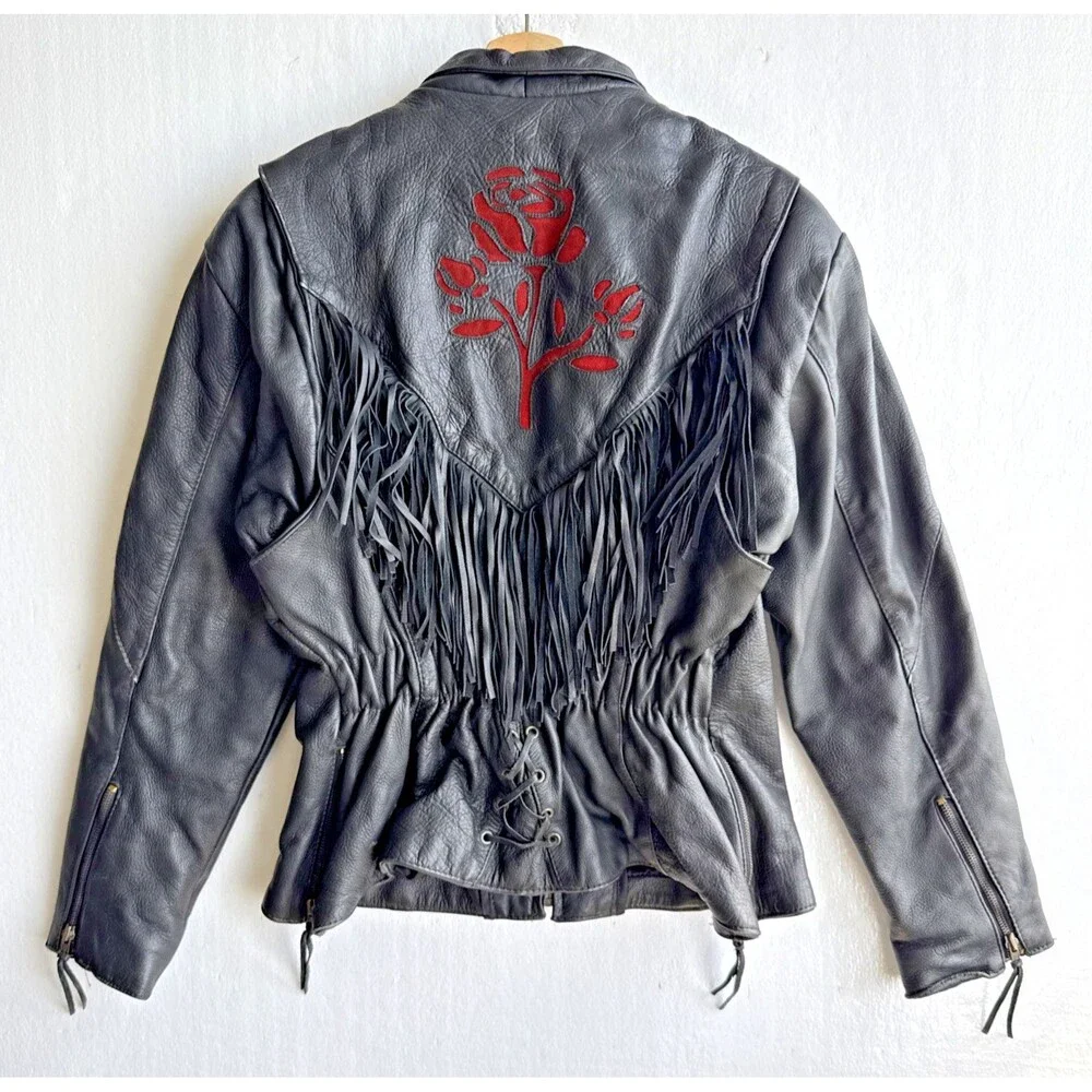 Vintage UNIK Premium Rose Fringe Motorcycle Leather Jacket Black Women’s Large - Picture 4 of 12